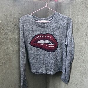 Beware Lips Lightweight Gray Long Sleeve Sweater